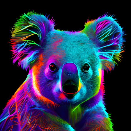 Koala bear in abstract, graphic highlighters lines rainbow ultra-bright neon artistic portrait, commercial, editorial advertisement, surrealism. Isolated on dark backgroundの素材