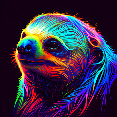 sloth in abstract, graphic highlighters lines rainbow ultra-bright neon artistic portrait, commercial, editorial advertisement, surrealism. Isolated on dark background
.の素材