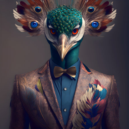 Realistic lifelike peacock in dapper high end luxury formal suit and shirt, commercial, editorial advertisement, surreal surrealism.の素材