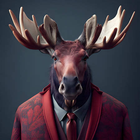 Realistic lifelike moose in dapper high end luxury formal suit and shirt, commercial, editorial advertisement, surreal surrealism.の素材