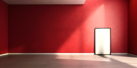 Creative mock concept. Empty red large empty textured grunge wall room and blank frame with natural shadow. Banner template for product presentation. Mock up 3D renderingの写真素材