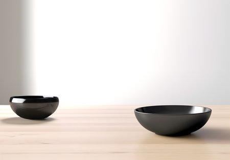 Abstract minimal concept. Empty large empty wall room with black zen ceramic plate bowl on oak wooden table. Banner Mock up template product presentation. 3D rendering. copy spaceの写真素材