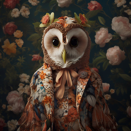 owl bird in floral vintage pastel whimsical blooming flowers floral flora, commercial, editorial advertisement, surreal surrealismの素材