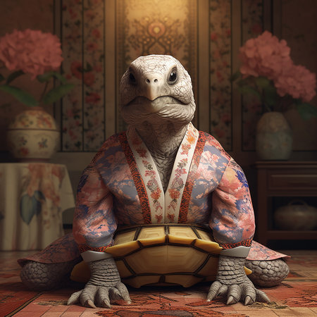 turtle tortoise in floral vintage pastel whimsical blooming flowers floral flora, commercial, editorial advertisement, surreal surrealismの素材