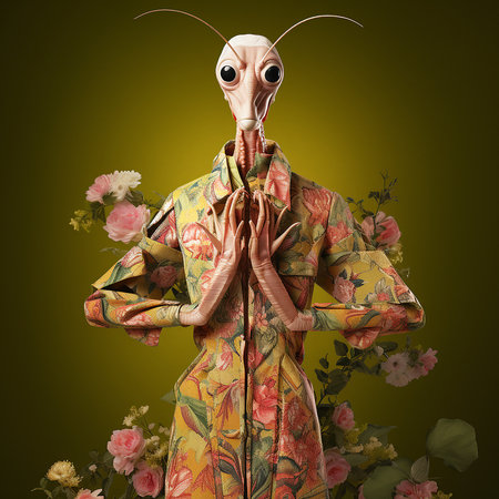 praying mantis in floral vintage pastel whimsical blooming flowers floral flora, commercial, editorial advertisement, surreal surrealismの素材