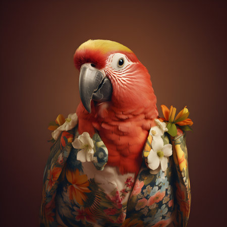 parrot bird in floral vintage pastel whimsical blooming flowers floral flora, commercial, editorial advertisement, surreal surrealismの素材