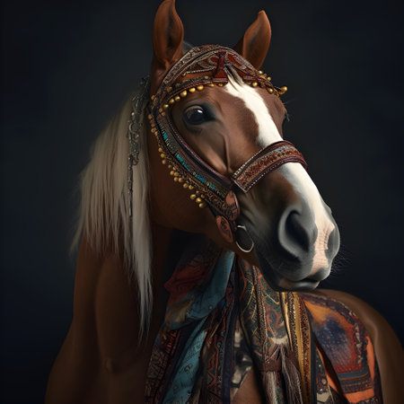 horse in boho bohemian medieval hippie outfit with beads surrealの素材