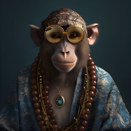 monkey in boho bohemian medieval hippie outfit with beads surrealの素材