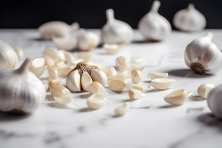 Garlic bulbs and cloves on white marble table, selective focus.の写真素材