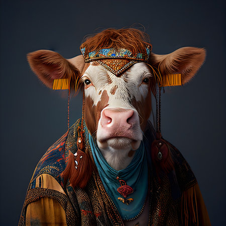 cow in boho bohemian medieval hippie outfit with beads surreal.の素材
