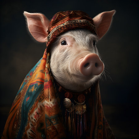 pig in boho bohemian medieval hippie outfit with beads surreal.の素材