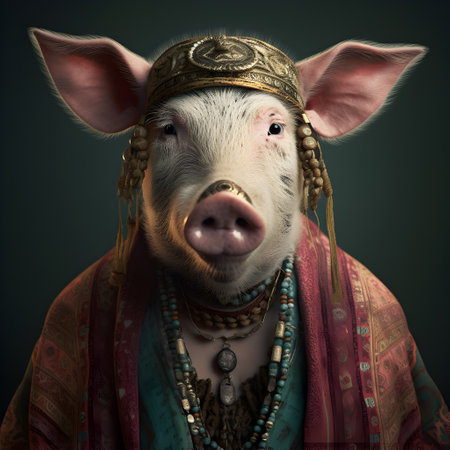 pig in boho bohemian medieval hippie outfit with beads surreal.の素材