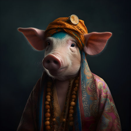 pig in boho bohemian medieval hippie outfit with beads surreal.の素材