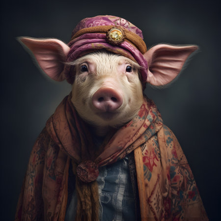pig in boho bohemian medieval hippie outfit with beads surreal.の素材