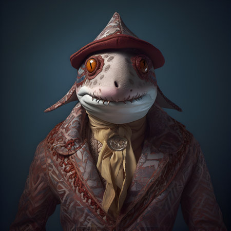 shark in boho bohemian medieval hippie outfit with beads surreal.の素材