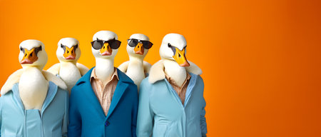 Creative animal concept. swan in a group, vibrant bright fashionable outfits isolated on solid background advertisement, copy text space. birthday party invite invitation bannerの素材