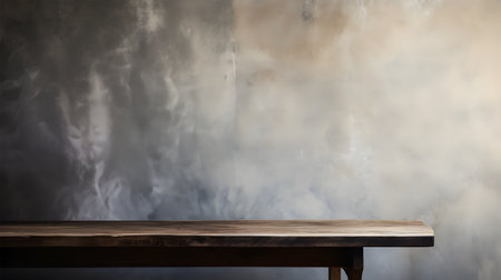 Creative mock concept. Empty wooden rustic table top with large empty textured grunge concrete wall room natural shadow. Banner template for product presentation. Mock up 3D renderの写真素材