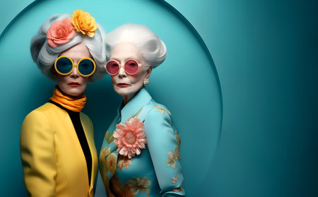 Creative fashion composition. Attractive elderly ladies friend in pastel vibrant vintage retro floral clothings, white hair, flowers, bright, high fashionの写真素材