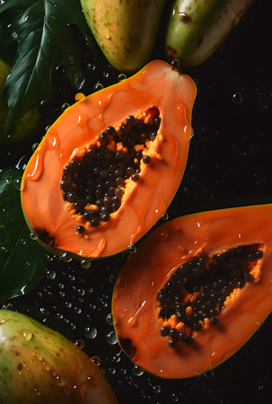 Creative fruits vegetable concept. Fresh papaya papayas glistering with water droplet