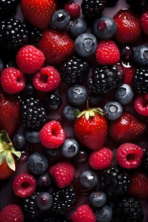 Creative fruits vegetable concept. Fresh mixed berry berries glistering with water droplet. raspberry, strawberry, blackcurrant, blackberriesの写真素材