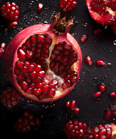 Creative fruits vegetable concept. Fresh pomegranate pomegranates glistering with water dropletの写真素材