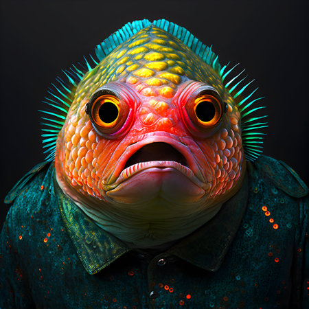 Realistic lifelike piranha fish in fluorescent electric highlighters ultra-bright neon outfits, commercial, editorial advertisement, surreal surrealism. 80s Era comebackの素材