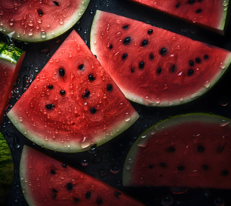 Creative fruits vegetable concept. Fresh watermelon watermelons glistering with water droplet. flat lay top viewの写真素材