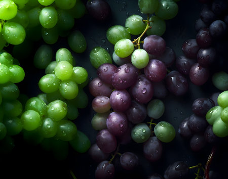 Creative fruits vegetable concept. Fresh red purple green grapes grapes glistering with water droplet. flat lay top viewの写真素材