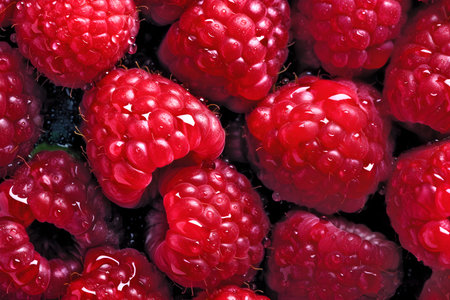 Creative fruits vegetable concept. Fresh raspberry raspberries glistering with water droplet. flat...