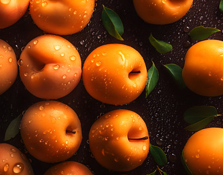 Creative fruits vegetable concept. Fresh apricot apricots glistering with water droplet. flat lay top viewの写真素材