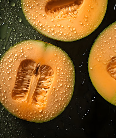Creative fruits vegetable concept. Fresh honeydew melon cantaloupe glistering with water droplet. flat lay top viewの写真素材