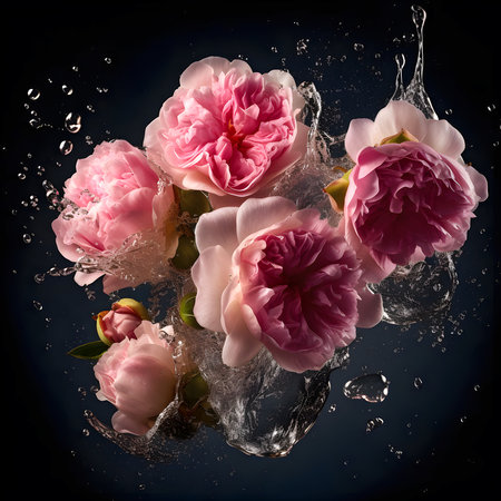 Flowers composition. Pink rose roses plants floral splashing in the air with waterの素材