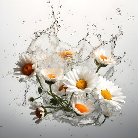 Flowers composition. Daisy daisies Chamomile plants floral splashing in the air with waterの素材