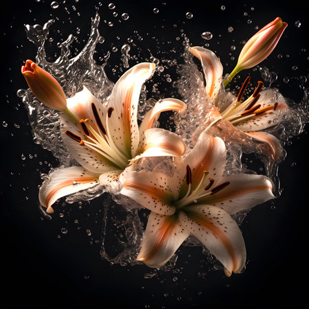Flowers composition. Lily lilies plants floral splashing in the air with waterの素材