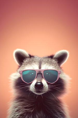 Creative animal concept. Racoon raccoon in sunglass shade glasses isolated on solid pastel background, commercial, editorial advertisement, surreal surrealismの素材