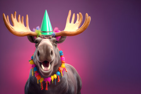 Creative animal concept. Moose in party cone hat necklace bowtie outfit isolated on solid pastel background advertisement, copy text space. birthday party invite invitationの素材