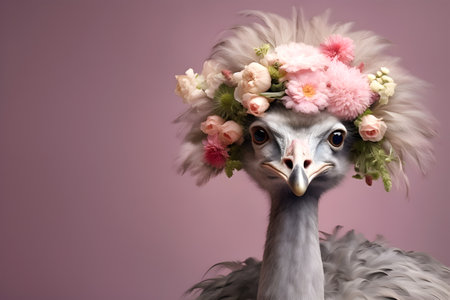 Animal Nature Concept. Ostrich bird wearing a crown of floral fresh pastel spring wreath flowers, commercial, editorial advertisement, surreal surrealism. copy spaceの素材
