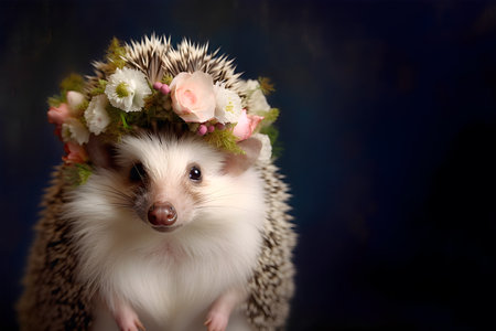 Animal Nature Concept. Hedgehog wearing a crown of floral fresh pastel spring wreath flowers, commercial, editorial advertisement, surreal surrealism. copy spaceの素材