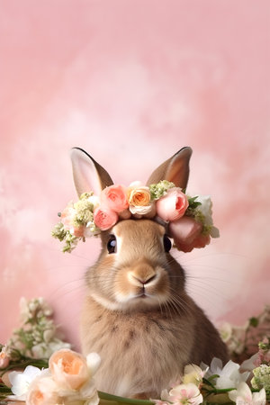 Animal Nature Concept. Brown rabbit wearing a crown of floral fresh pastel spring wreath flowers, commercial, editorial advertisement, surreal surrealism. copy spaceの素材