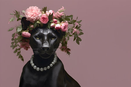 Animal Nature Concept. Black panther wearing a crown of floral fresh pastel spring wreath flowers, commercial, editorial advertisement, surreal surrealism. copy spaceの素材