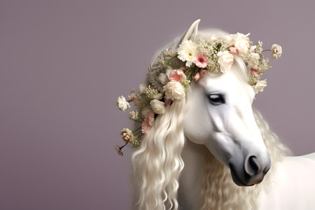 Animal Nature Concept. White horse wearing a crown of floral fresh pastel spring wreath flowers, commercial, editorial advertisement, surreal surrealism. copy spaceの素材