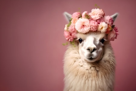 Animal Nature Concept. Alpaca wearing a crown of floral fresh pastel spring wreath flowers, commercial, editorial advertisement, surreal surrealism. copy spaceの素材