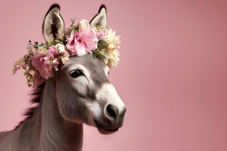 Animal Nature Concept. Donkey wearing a crown of floral fresh pastel spring wreath flowers, commercial, editorial advertisement, surreal surrealism. copy spaceの素材