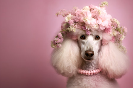 Animal Nature Concept. Poodle dog puppy wearing a crown of floral fresh pastel spring wreath flowers, commercial, editorial advertisement, surreal surrealism. copy spaceの素材