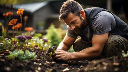 Lifestyle concept. handsome muscular man tending to DIY home garden plants. Eco, gardening, magazine, editorialの素材