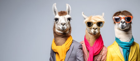 Creative animal concept. Llama in a group, vibrant bright fashionable outfits isolated on solid background advertisement, copy text space. birthday party invite invitation bannerの素材