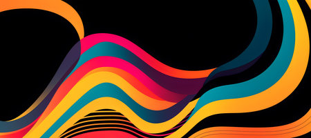 Creative background composition. Dark neon multi colour groovy curve swirl 60s abstract background....