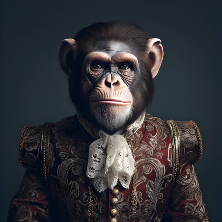 Realistic lifelike ape in renaissance regal medieval noble royal outfits, commercial, editorial advertisement, surreal surrealism. 18th-century historicalの素材