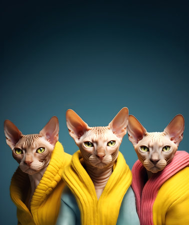 Creative animal concept. Sphynx cat kitten in a group, vibrant bright fashionable outfits isolated on solid background advertisement, copy text space. birthday party invite invitatの素材
