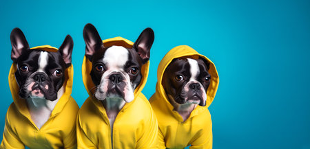 Creative animal concept. Boston terrier dog puppy in a group, vibrant bright fashionable outfits isolated on solid background advertisement, copy text space. birthday party inviteの素材